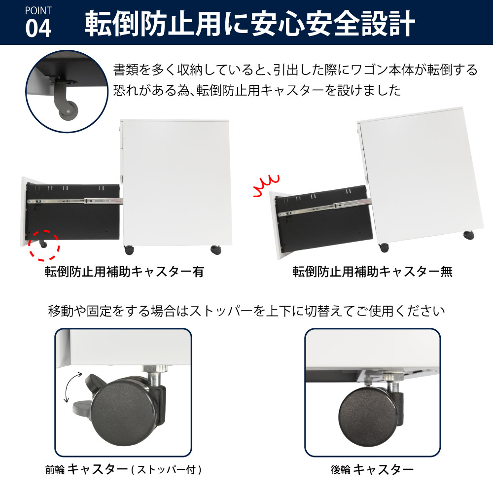 ワゴン オフィスワゴン ホワイト 幅39cm ポイント4 転倒防止用に安心安全設計 家具のAKIRA