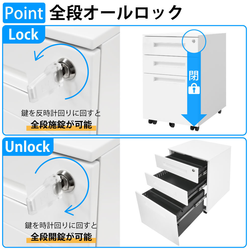 オフィスワゴン デスクワゴン 幅39cm ポイント4 全段オールロック 全段施錠 解錠 防犯対策 家具のAKIRA