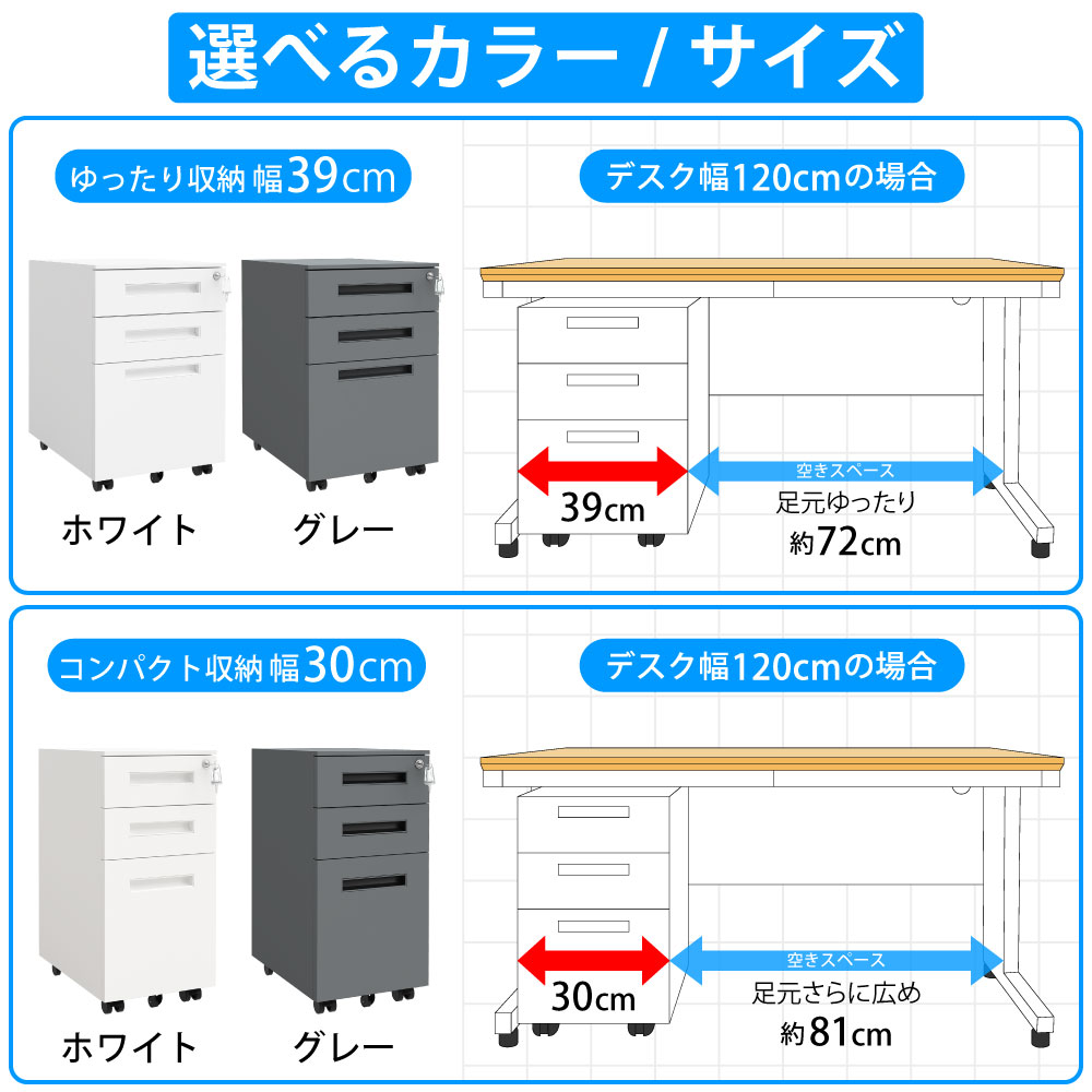 オフィスワゴン デスクワゴン スリムワゴン 幅39cm 幅30cm ホワイト グレー カラー サイズ バリエーション 家具のAKIRA