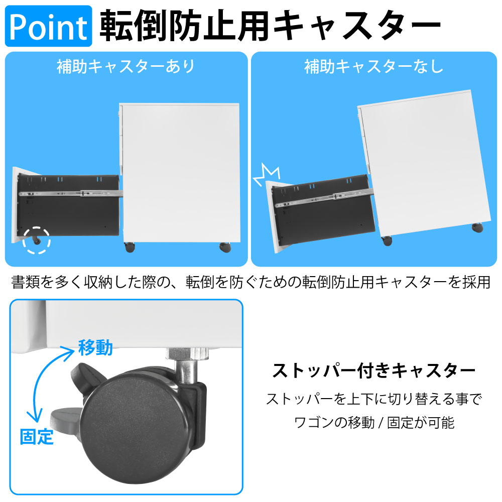 オフィスワゴン デスクワゴン 幅39cm ポイント5 転倒防止用キャスター 家具のAKIRA