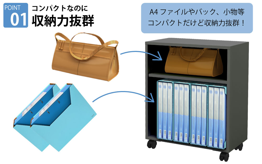 オープンワゴン 机下収納ワゴン デスク下収納 ワゴン グレー ポイント1 コンパクトなのに収納力抜群 家具のAKIRA