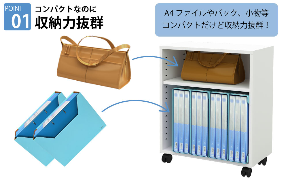 オープンワゴン 机下収納ワゴン デスク下収納 ワゴン ホワイト ポイント1 コンパクトなのに収納力抜群 家具のAKIRA