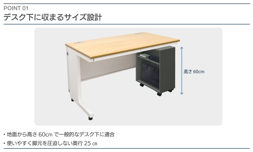 ポイント1、デスクワゴンのサイズ感についての特徴説明。脚元に置いて荷物を置いても圧迫しない。