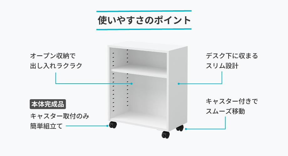 使いやすいポイント デスク下に収まるスリム設計のサイドワゴン、オープン収納で出し入れラクラク、キャスター付きでスムーズ移動、本体完成品でキャスター取付のみの簡単組立
