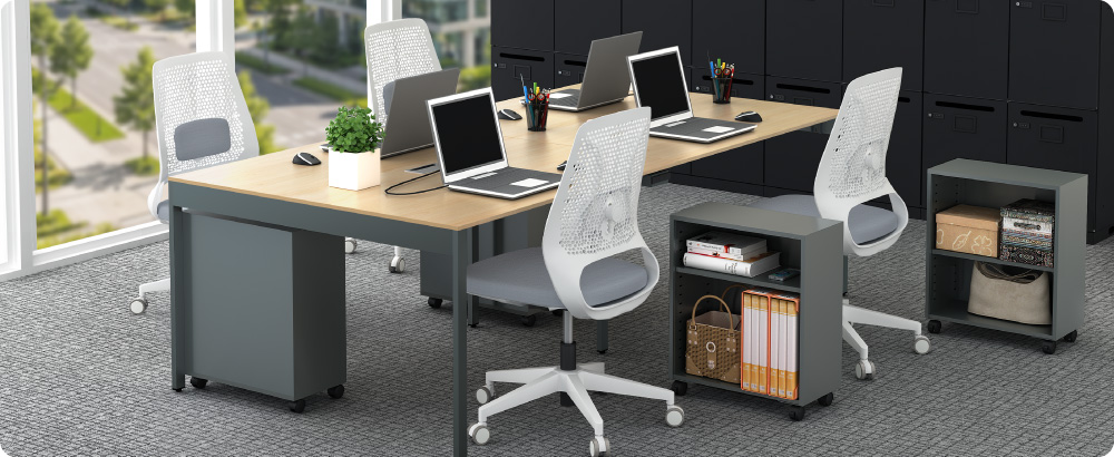 フリーアドレス環境で各自の荷物をまとめて管理できるオープンワゴン