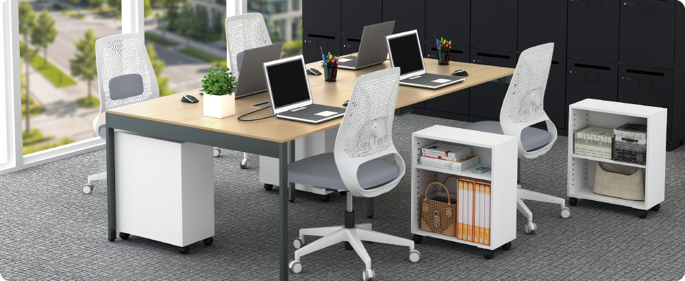 フリーアドレス環境で各自の荷物をまとめて管理できるオープンワゴン