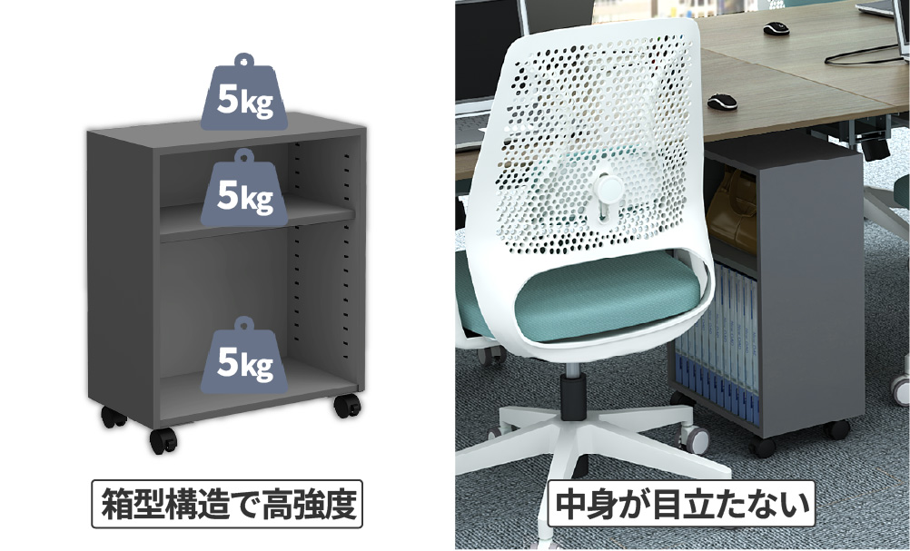 耐荷重15kgの箱型構造で重い書類も安定して収納可能、周囲から中身が見えづらい様子