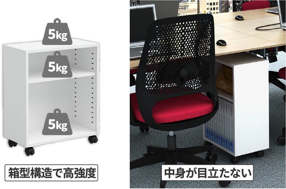 耐荷重15kgの箱型構造で重い書類も安定して収納可能、周囲から中身が見えづらい様子