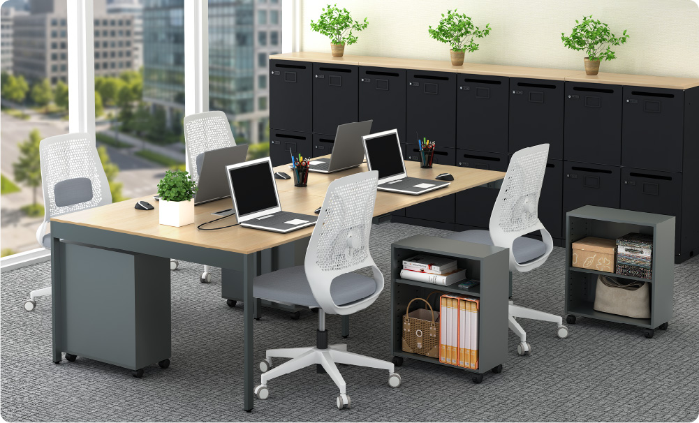 フリーアドレス環境で各自の荷物をまとめて管理できるオープンワゴン