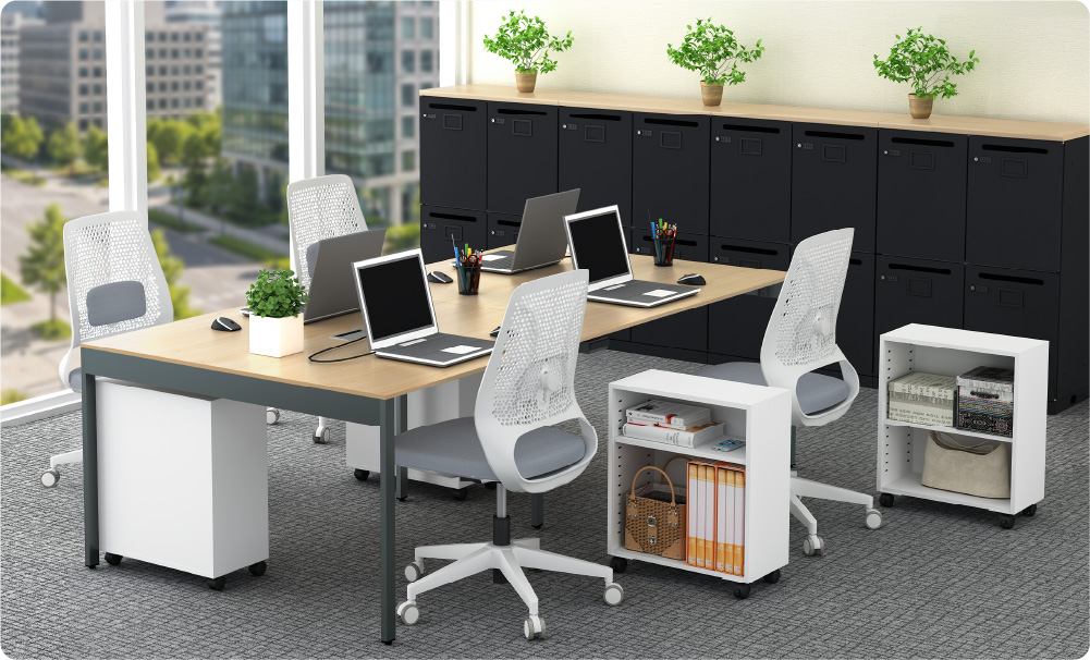 フリーアドレス環境で各自の荷物をまとめて管理できるオープンワゴン