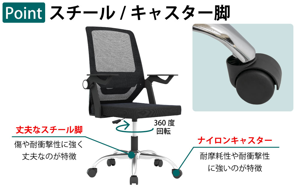 オフィスチェア デスクチェア ワークチェア ワーキングチェア ブラック×ブラック ポイント5 スチール キャスター付き 家具のAKIRA