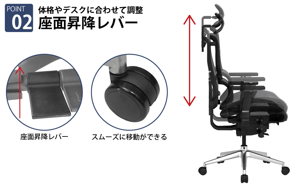 オフィスチェア チェア 多機能 ハイエンドモデル ブラック 黒 ポイント2 座面昇降レバー キャスター 家具のAKIRA