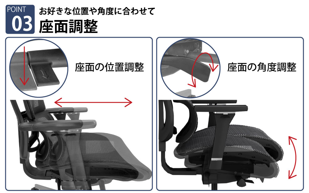 オフィスチェア チェア 多機能 ハイエンドモデル ブラック 黒 ポイント3 座面の位置/角度調整 家具のAKIRA